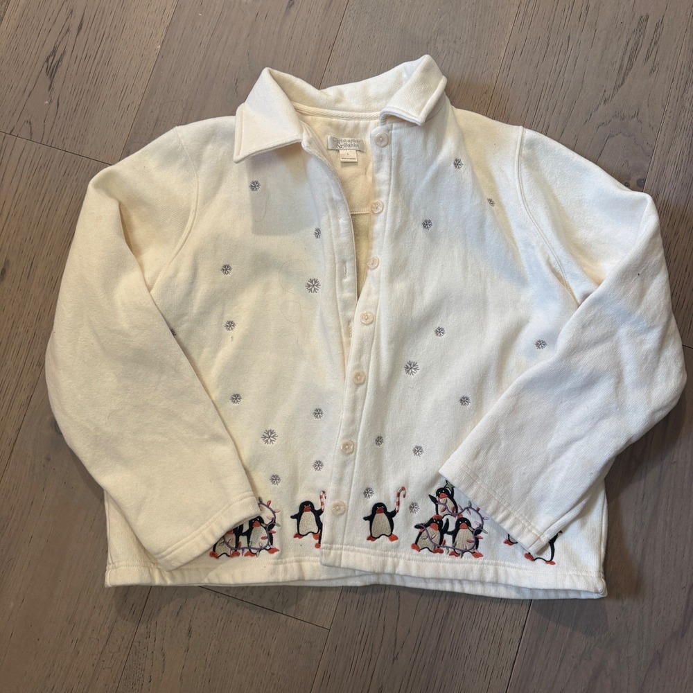 VTG Christopher & Banks W Lg‎ Cream Penguin Embroidered Fleece Cardigan Jacket